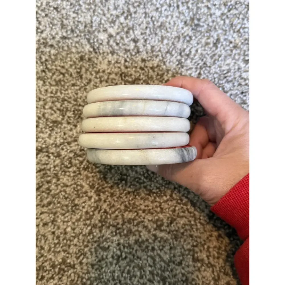Vintage White Marble Coasters Set of five with Cork centers. Red Felt bases.